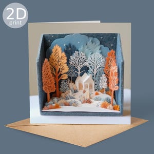 Cartão de caixa de sombra 2D Frosty Woodland House, saudação mágica com impressão 2D, Natal, amantes da natureza, obrigado, feliz aniversário, presente encantado