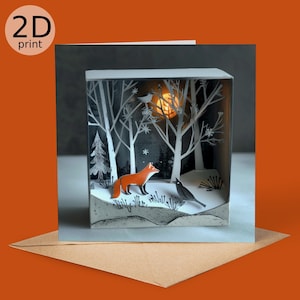 Fuchs & Krähe im Schnee 2D Druck Schattenbox Karte, Magischer Gruß, Weihnachten, Naturliebhaber, Danke, Geburtstag, Verzauberte Bäume Geschenk