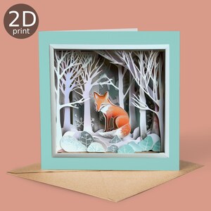 Sleepy Fox 2D Print Shadow Box Card, Saluto magico, Natale, Amanti della natura, Grazie, Buon compleanno, Regalo di alberi incantati