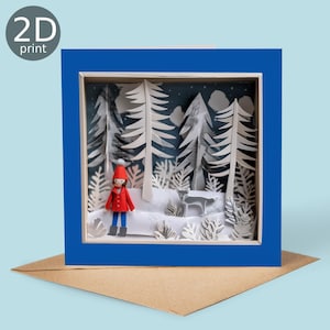 May include: A square greeting card with a blue border featuring a 2D print of a winter forest scene. The scene includes a figure in a red coat and hat, a grey fox, and white paper-cut style trees against a dark blue sky with white clouds.
