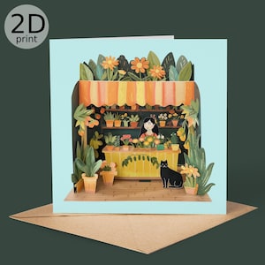 Carte imprimée 2D Flowers & Plants Shop, voeux de chat botanique, joyeux anniversaire, amoureux de la nature, merci, amitié, amour, félicitations
