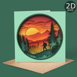 Cartão de caminhante ao pôr do sol com paisagem, árvores e montanhas, saudação impressa em 2D no Reino Unido, feliz aniversário, amantes da natureza, ao ar livre,