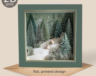 Snowy Forest Rabbits 2D Print Shadow Box Card, Magical Greeting, Christmas, Nature lovers, Thank you, Happy Birthday, Enchanted Trees Gift