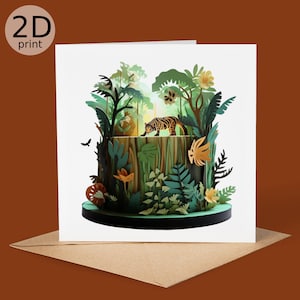 Carte imprimée 2D Tiger Cake Botanical World, voeux de joyeux anniversaire, amoureux de la nature, forêt feuillue Merci, amitié, amour, félicitations