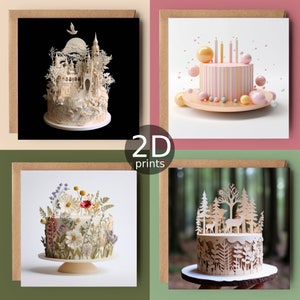 Juego de 4 tarjetas de pastel de fantasía, saludos florales en 2D, Reino Unido, feliz cumpleaños, amantes de la naturaleza, gracias, amistad, romántico, amor, felicitaciones