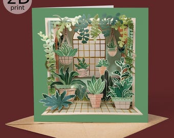 House Plants Greenhouse 2D Print Card, Botanical Leafy Greeting, Happy Birthday, Nature Lovers, Thank you, Forest, Congratulations