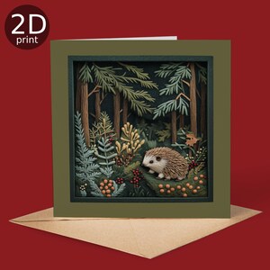 Deep Forest Hedgehog 2D-print Shadow Box Card, magische groet, Kerstmis, natuurliefhebbers, bedankt, gelukkige verjaardag, betoverde bomen cadeau