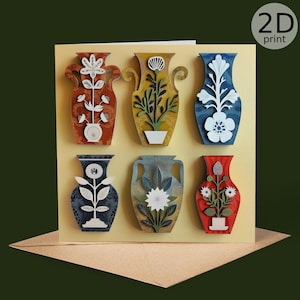 Floral Vase 2D Greeting Card – Botanical Vintage Style Vases, Elegant Flowers, Interiors or Garden Lover