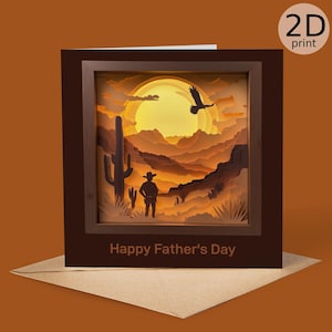 Cartão de Dia dos Pais com tema de cowboy do deserto ao nascer do sol – Impressão artística 2D, Saudação rústica do oeste | Ilustração de paisagem campestre | Presente do sudoeste para o pai