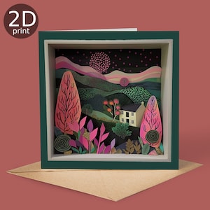 Paysage de campagne, collines, voeux 2D roses et verts, joyeux anniversaire dans la nature, amateurs de plein air, chalet dans les bois Merci, félicitations