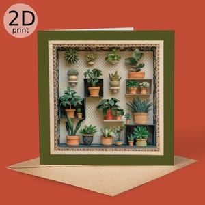 Può includere: Un biglietto di auguri con un design a effetto 3D raffigurante una collezione di piante in vaso su mensole. Il biglietto ha un bordo verde e la scritta "2D print" in un cerchio in alto a sinistra. Lo sfondo è arancione caldo.