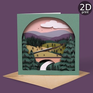 Scenic Train Landscape 2D Print Greeting Card – Railway Countryside View, Mountain Forest Design, Nature Travel Art Print