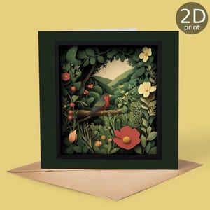 Carte imprimée 2D Oiseau dans un paysage botanique, voeux, joyeux anniversaire, amoureux de la nature, merci, amitié, romantique, amour, félicitations