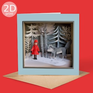Cartão de caixa de sombra da Chapeuzinho Vermelho e do Lobo na Neve, saudação de impressão 2D mágica, Natal, natureza, feliz aniversário, presente de árvore encantada