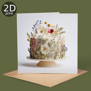 Cartão com impressão 2D de bolo de flores de jardim, saudação do Reino Unido, feliz aniversário, amantes da natureza, obrigado, amizade, romântico, amor, parabéns