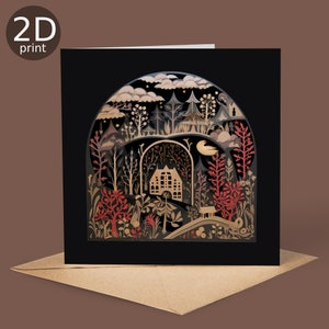 Carte imprimée en 2D Art folklorique, maison dans la forêt, joyeux anniversaire, amoureux de la nature, merci, amitié, romantique, amour, félicitations