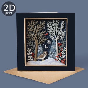 Wintermaanuil 2D-afdruk schaduwdooskaart, magische groet, kerstmis, natuurliefhebbers, bedankt, gelukkige verjaardag, betoverde bomen en sneeuwcadeau