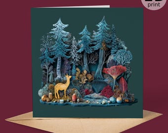 Magical Forest Greeting Card With Deer – Enchanted Woodland Art Card ...