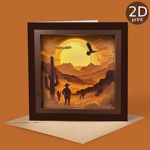 Tarjeta de vaquero al amanecer en el desierto: jinete del oeste en un paisaje escénico, saludo impreso en 2D, feliz cumpleaños, amantes de la naturaleza, aire libre