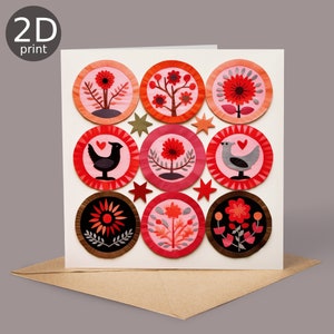 Tarjeta de San Valentín con collage popular de pájaros enamorados, impresión 2D, aniversario, amantes de la naturaleza, amistad, romántico, amor, felicitaciones, boda