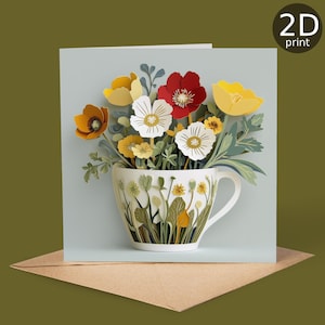 Cartão de Saudações com Papoulas em Xícara de Chá – Impressão Artística 2D | Ilustração Botânica Floral | Cartão em Branco Fofo para Ela | Presente para Amantes de Jardins