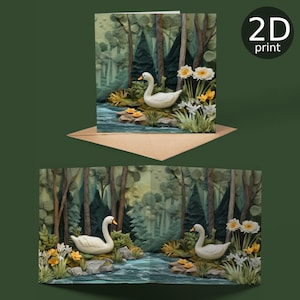 Carte imprimée 2D Spring Swans Panorama, voeux, joyeux anniversaire, amoureux de la nature, merci, amitié, romantique, fête des mères, félicitations