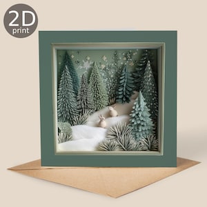 Snowy Forest Rabbits 2D Print Shadow Box Card, Magical Greeting, Christmas, Nature lovers, Thank you, Happy Birthday, Enchanted Trees Gift