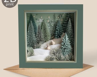 Snowy Forest Rabbits 2D Print Shadow Box Card, Magical Greeting, Christmas, Nature lovers, Thank you, Happy Birthday, Enchanted Trees Gift