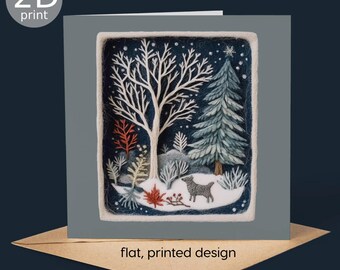 Cartolina con silhouette di cane sotto un abete in un paesaggio tridimensionale, stampa 2D, auguri di buon compleanno invernali, artigianato per amanti della natura, regalo di Natale.
