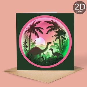 Tarjeta de terrario de neón de dinosaurios, felicitación impresa en 2D (Reino Unido), feliz cumpleaños, amantes de la naturaleza, niños, aventura en el bosque.
