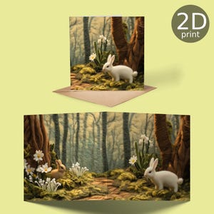 Páscoa Woodland Rabbits Panorama 2D Cartão impresso, Saudação de Páscoa, Primavera, Feliz Aniversário, Obrigado, Amizade, Amor, Parabéns