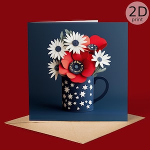 Mohnblumen und Gänseblümchen in der Sterntasse Grußkarte - 2D-Kunstdruck | Florale botanische Illustration | Niedliche Blanko-Karte für Sie | Geschenk für Gartenliebhaber