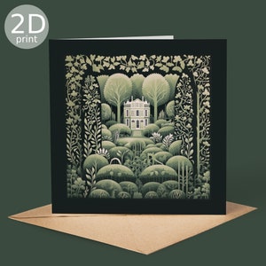 Carte de voeux 2D maison de jardin verte, anniversaire évasion dans la nature, cadeau forêt arbres feuillus, campagne anglaise botanique, amitié