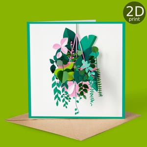 Carte de voeux imprimée 2D avec plante suspendue - Art botanique dans un écrin de verdure, feuilles roses et vertes, cadeau pour amateur de plante d'intérieur, design moderne