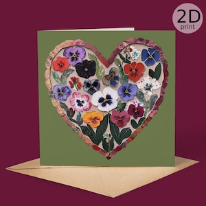 Carte de Saint-Valentin coeur floral pensée imprimée en 2D, amoureux de la nature, anniversaire, merci, amitié, romantique, amour, félicitations, mariage
