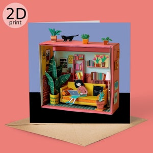 Carte à imprimer 2D confortable maison de chat Shadow Box, joyeux anniversaire, beau cadeau pour les amateurs de plantes botaniques, carte animaux pour animaux de compagnie, créations en papier pour ordinateur portable félin