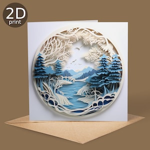 Tarjeta impresa en 2D con paisaje azul, saludos para el Reino Unido, feliz cumpleaños, amantes de la naturaleza, gracias, amistad, romántico, amor, felicitaciones