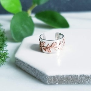 Leaflet Branch Sterling Silver and Copper Ear Cuff Body Jewelry Wide Flower Ear Cuff Botanical Jewelry Made in Canada Silver Jewelry