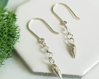 Furled Leaf Bud Sterling Silver Earrings with Quartz Crystal- Handmade Earrings