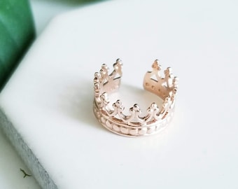SOLID 14K Rose Gold Queens Crown Ear Cuff, Faux Piercing