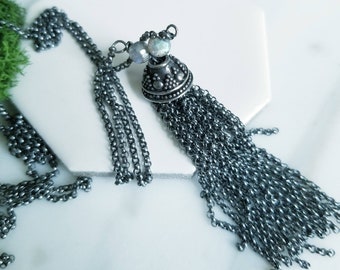 Black Sterling Silver Chain Tassel Necklace, Layering Necklace, Blue Labradorite