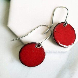 Carmine Glass Enamel Disk Earrings- Clear Red Glass, Copper, Sterling Silver