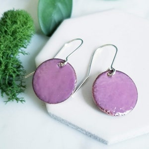 Elderberry Glass Enamel Disk Earrings- Light Purple  Glass, Copper, Sterling Silver