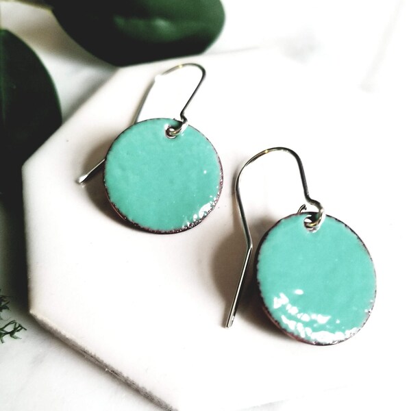 Robins Egg Blue Enamel Earrings: Copper Sterling Silver Disks