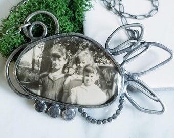 Remember Us- Vintage Photograph Mixed Media Necklace Sterling Silver, Resin, sterling chain,