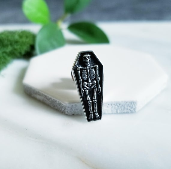 Sterling Silver Skeleton & Coffin Tie Tack, Lapel Pin