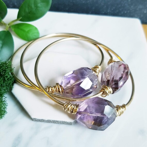 Chunky Ametrine, Amethyst Rustic Bangle, 14K Gold Filled, Boho Stacking Bangle