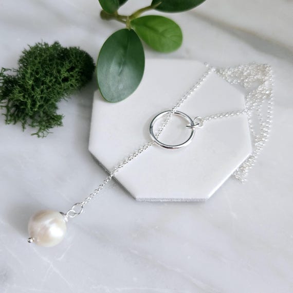 White Pearl Lariet Necklace- Sterling Silver, Large Freshwater Pearl