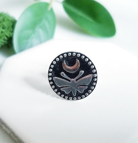 Sterling Silver Moth & Moon Tie Tack, Lapel Pin