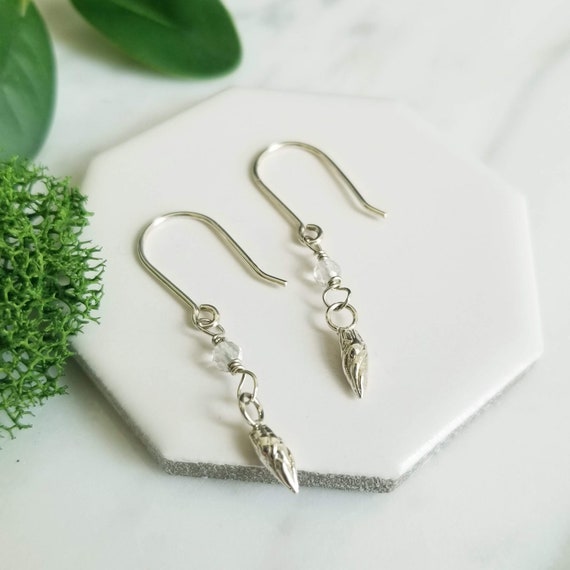 Furled Leaf Bud Sterling Silver Earrings with Quartz Crystal- Handmade Earrings